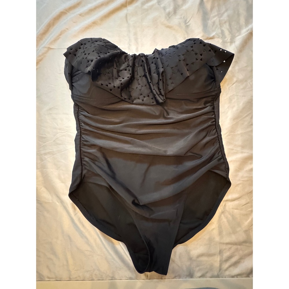Merona Women Black Laser Cut Ruffle Bandeau One Piece Swimsuit XL Ruched Front